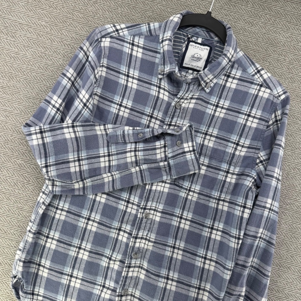Denim & Flower Ricky Singh M Mens Blue White Plaid Flannel Button Down Workwear